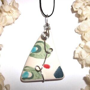 Necklace Pendant Charm White Green Silver Wire Wrap Wrapped One Of a Kind C963